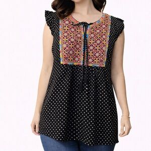 Savanna Jane Top 1X Polka Dot Embroidered Ruffle Sleeve V Neck Adorable